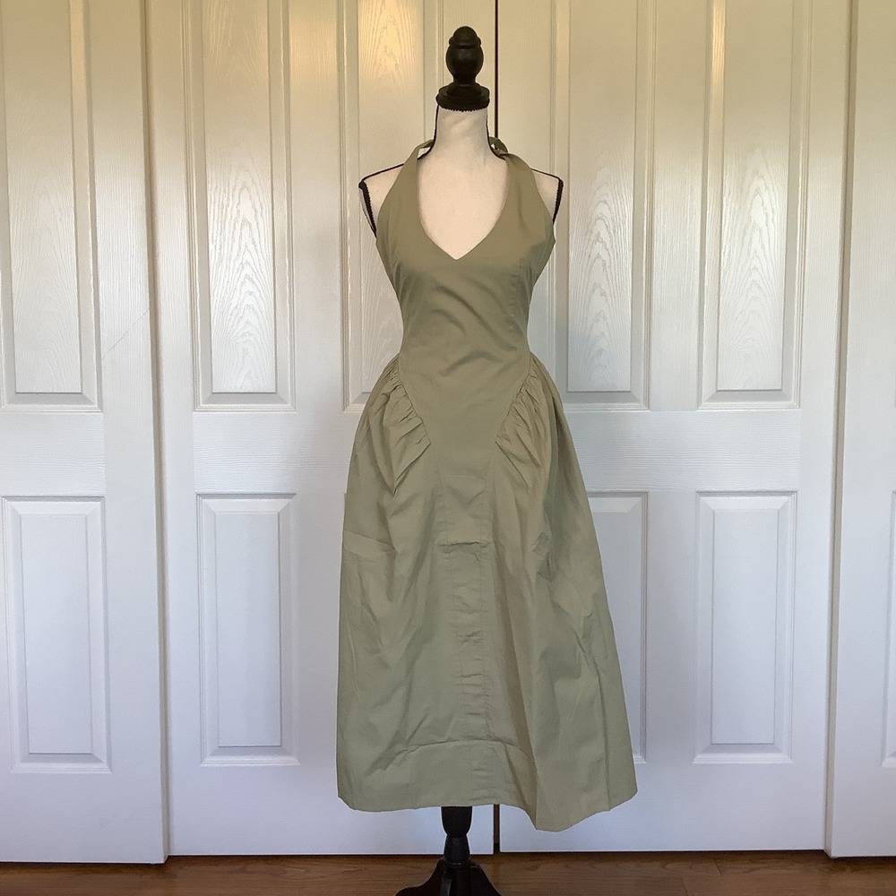 Oak + Fort Womens Halter Midi Dress Tea Green Cotton Open Back XS NWT